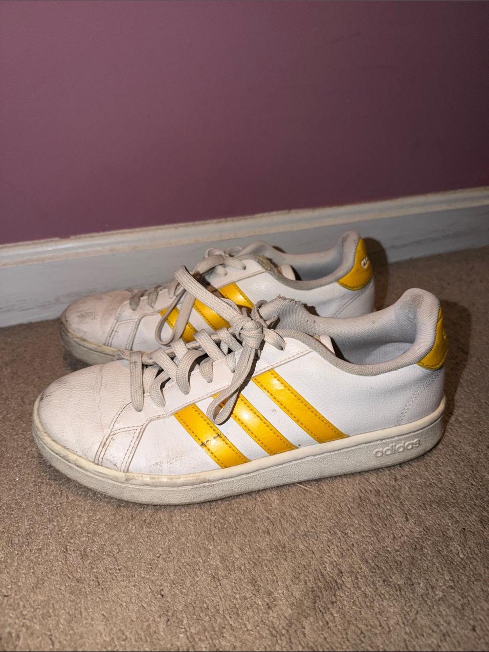 adidas White Sneakers with Yellow Stripes